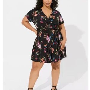 Torrid Black Midi Wrap Dress / Romper with Pink, Orange & Green Floral Print